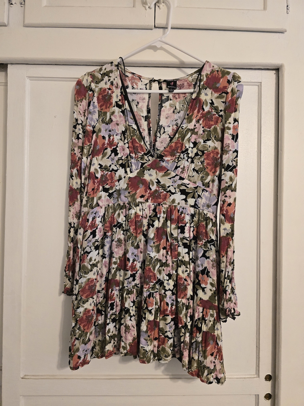J.O.A. Floral V-Neck Long Sleeve Tiered Mini Dress - Pink, Green, Cream, Black